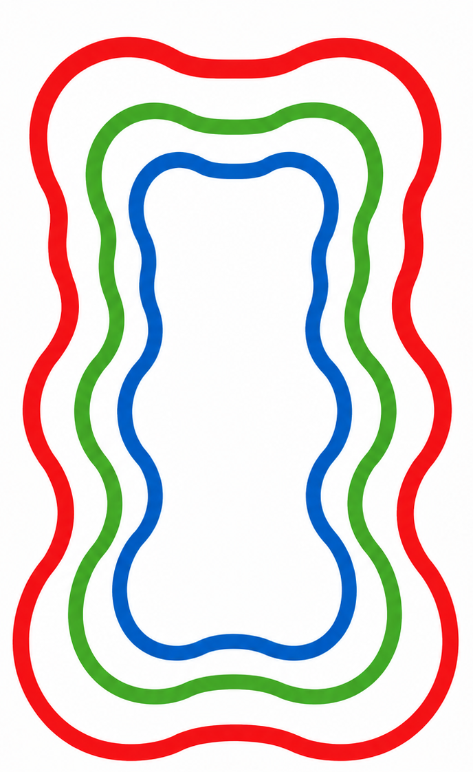 Der Umriss eines Gummibärchen in drei Linien. Die äußere ist Rot, die mittlere grün und die innere Blau